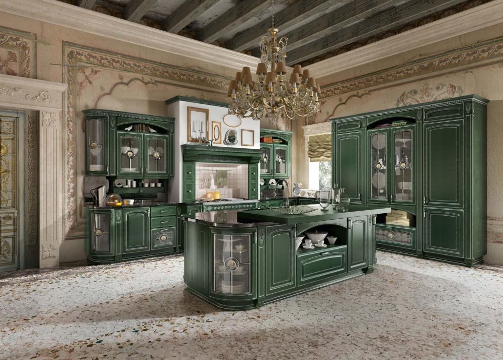 Cucina classica componibile: modello GoldElite, finitura Verde-Argento