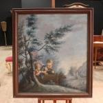 Antico dipinto francese paesaggio con bambini del