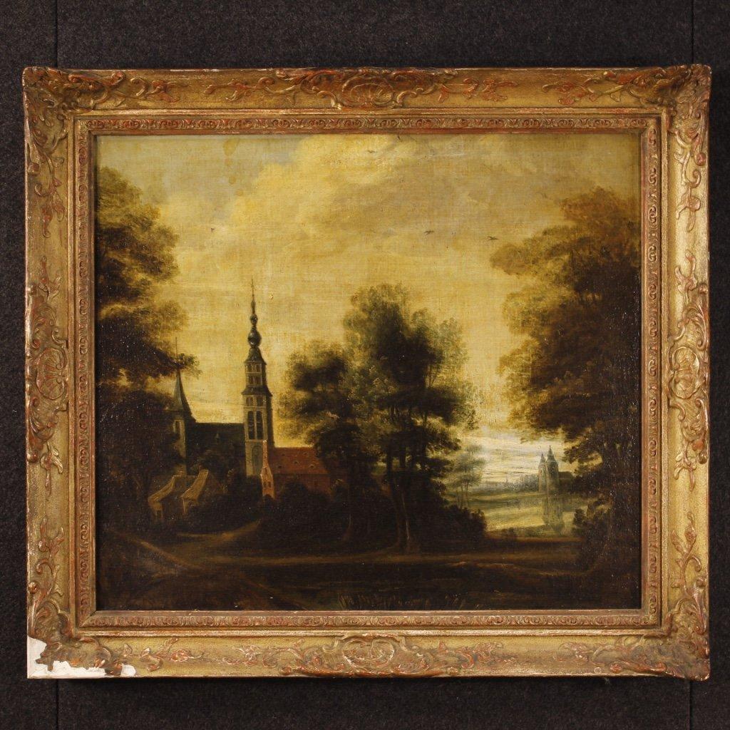 Antico dipinto olandese paesaggio con architetture del 1