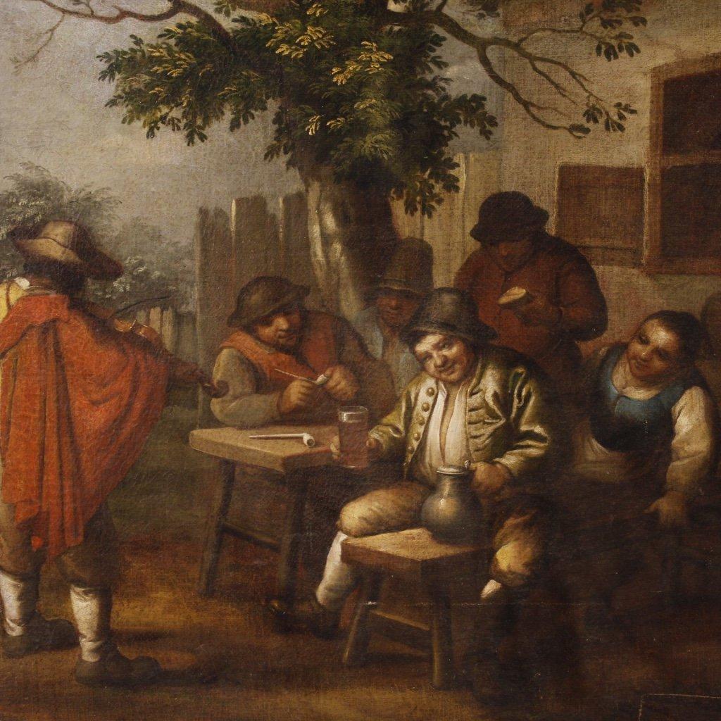 Antico dipinto fiammingo scena popolare con personaggi 1