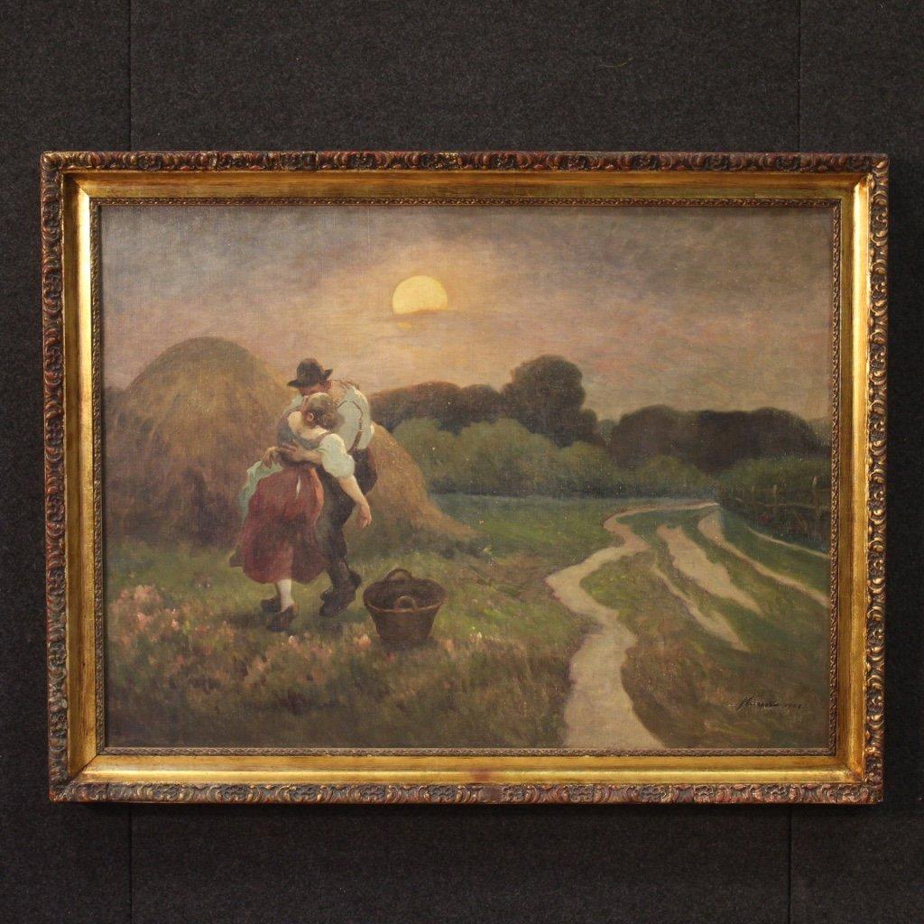 Dipinto francese paesaggio romantico olio su tela 1