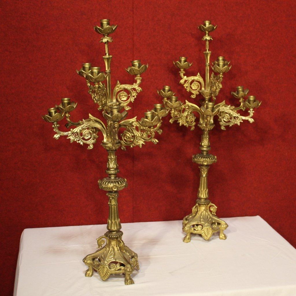 Coppia di candelieri italiani in ottone dorato 1