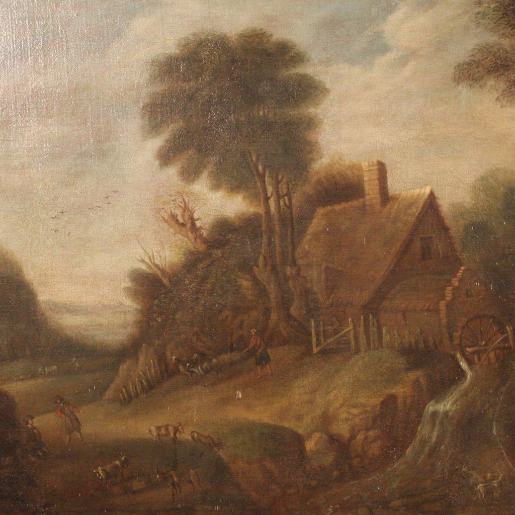 Antico dipinto fiammingo paesaggio di campagna del 1