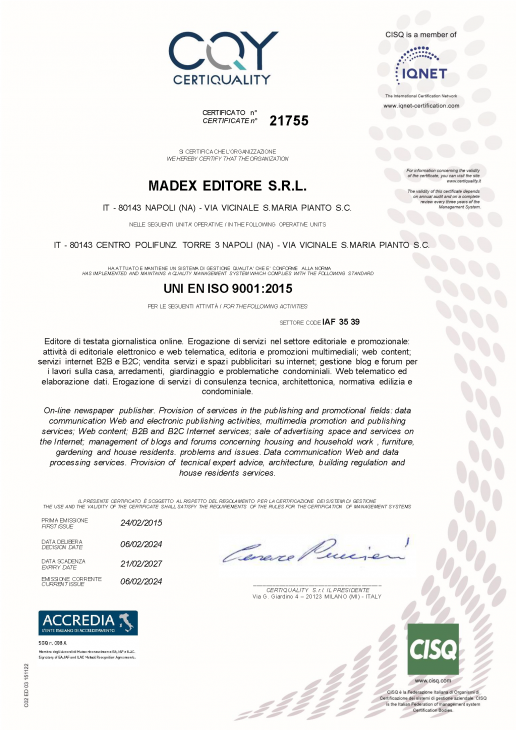 Certificato ISO 9001:2015 IQNET 1
